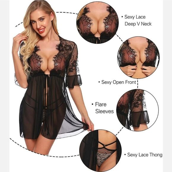 Women's Sexy Lingerie Babydoll Lace Chemise Sheer Mesh Open Front Sleepwear Set - Picture 3 of 7